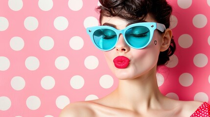 Retro futuristic woman in sunglasses on pop art background  surreal 60s 70s disco club culture