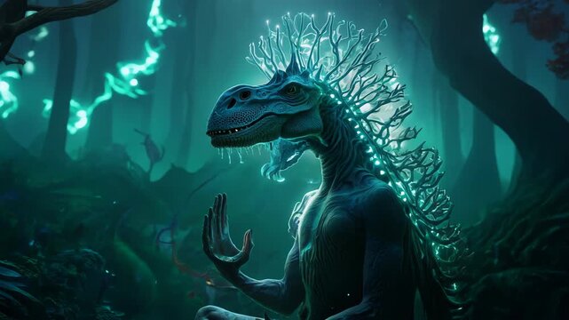 Low-angle medium shot: Evolved dinosaur meditates in bioluminescent forest. Static camera captures the creature's massively enlarged cranium and slender body. 
