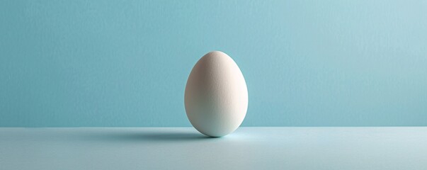 A chicken egg with an elegant, minimalist design, set against a beautiful soft blue background, positioned on the right side