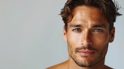 Naklejka premium Close-up portrait of a handsome man with a serious expression, looking into the camera with captivating eyes. Perfect for modeling and fashion projects.