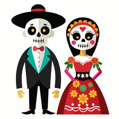 A skeleton bride and groom in traditional Mexican wedding attire art vector illustration