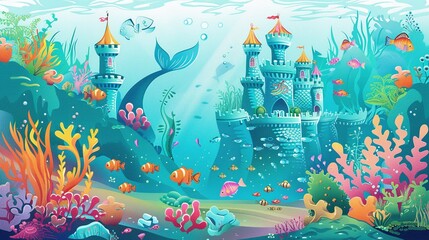 Fototapeta premium Underwater Castle with Mermaid Tail and Fish