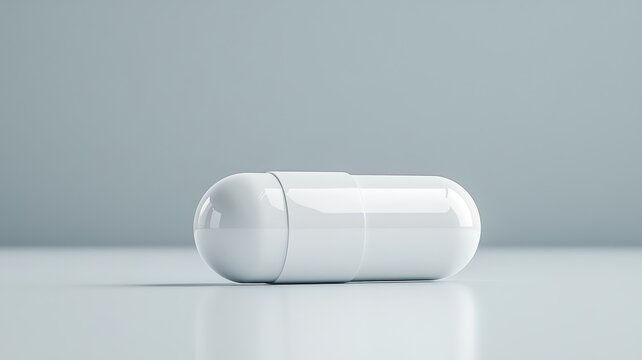 Single Zonisamide capsule on white surface, reflecting light.
