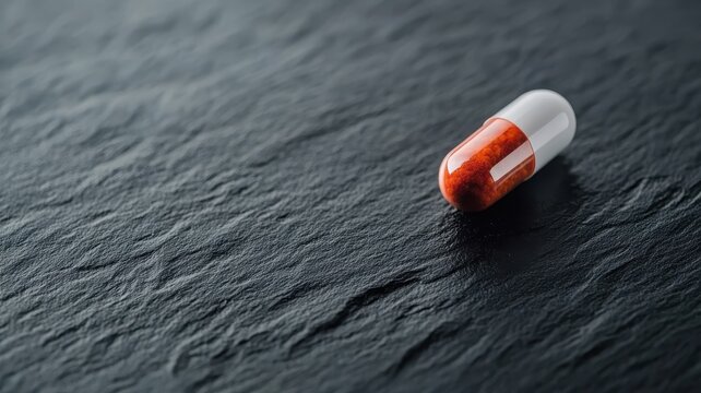 Chiaroscuro image of Zonisamide capsule on textured black surface.