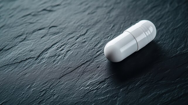 Chiaroscuro image of Zonisamide capsule on textured black surface.