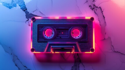 Colorful neon-lit cassette tape with a retro aesthetic, glowing against a marbled background, capturing vintage and nostalgic vibes.
