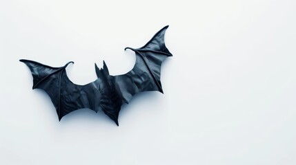 A black bat hanging in midair, showcasing its sleek wings against a bright white backdrop, evokes a sense of mystery and intrigue.