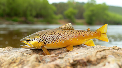 Fototapeta premium A stunning brown trout rests on the river rocks, showcasing its vibrant colors in a natural setting.