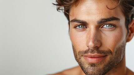 Fototapeta premium Portrait of a handsome young man with blue eyes and a well-groomed beard, exuding confidence and charm against a neutral background.