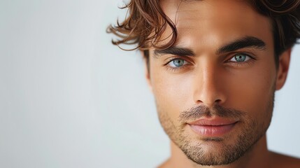 Naklejka premium Portrait of a young man with striking blue eyes, wavy brown hair, and a confident expression against a light background.
