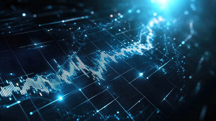 Digital data visualization of a fluctuating line graph with a futuristic blue glow, representing financial markets or technology trends.
