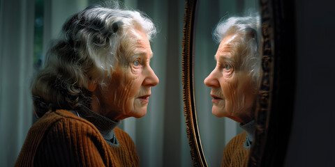 Moving depiction of an elderly woman gazing into a mirror reflecting her younger self, perfectly capturing the nostalgia and yearn for youth. Generative AI
