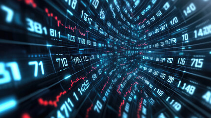 Digital data tunnel with futuristic glowing numbers, representing technology, cyberspace, and information flow.