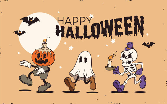 Retro groovy Halloween mascot set. Isolated cartoon vector funny characters, jack o lantern, ghost and skeleton with a candle, with spooky and funny expression during party night celebration
