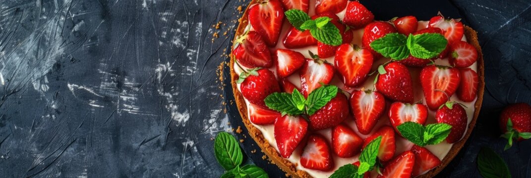 Baked Strawberry Cheesecake New York with Mint in Heart Shape Homemade Dessert from Above