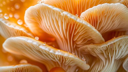 A close up of a group of mushrooms with water droplets on them