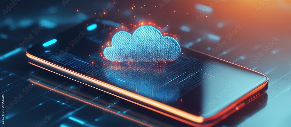 Poster smartphone displaying cloud technology illustration on the screen abstract digital background concep