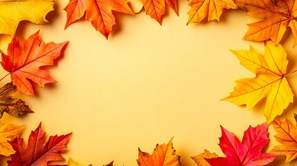 Fototapeta premium A frame made of colorful autumn leaves on a yellow background