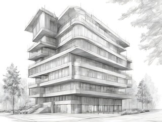 Fototapeta premium contemporary architectural sketch with pencil and markers of a unique modern building technical drawn background