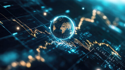 Futuristic digital globe with data graphs, representing global technology, economy, and business analysis. High-tech and network concept.
