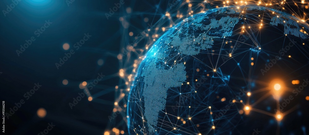 Poster holographic globe with interconnected nodes representing global network communication technology fin