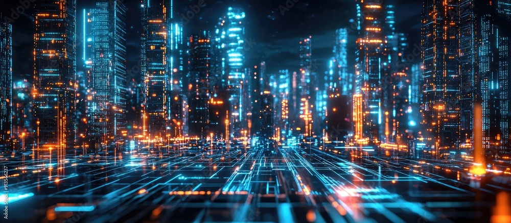 Poster vibrant nighttime urban landscape featuring illuminated virtual data structures and interactive inte
