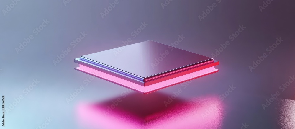 Poster iridescent microchip levitating against a reflective gray backdrop modern and sleek technological de