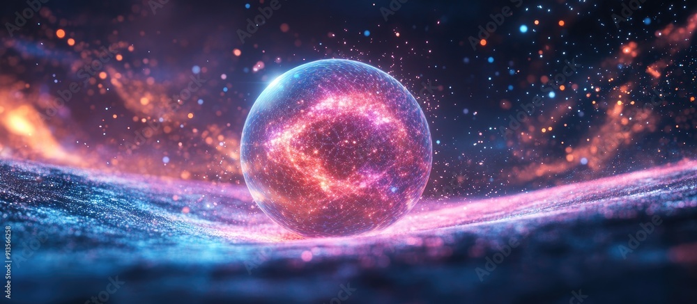 Poster luminous 3d particle sphere design concept of virtual assistance radiant energy orb in a cosmic sett