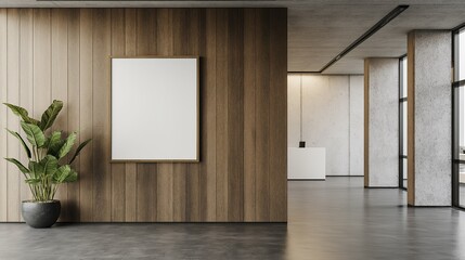 Front view of a modern interior design office featuring white table, concrete floor, and wooden walls with space for your poster or picture frame behind a blank grey partition. 3D modeling and mockup