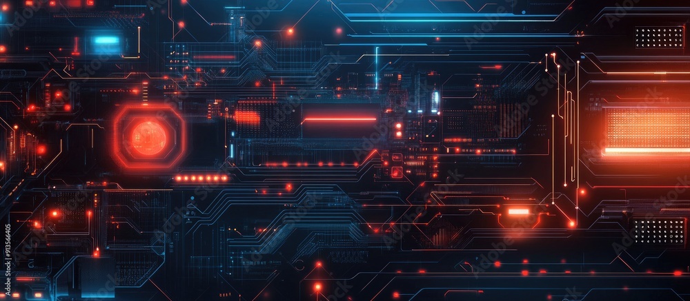 Poster futuristic abstract circuit board illustration featuring diverse technological elements ideal for di