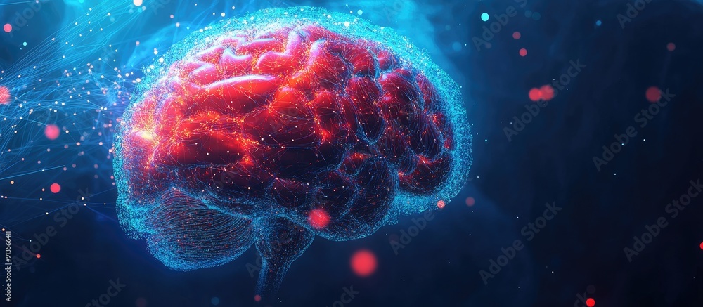 Poster holographic digital brain with ai and deep learning elements business technology and internet networ
