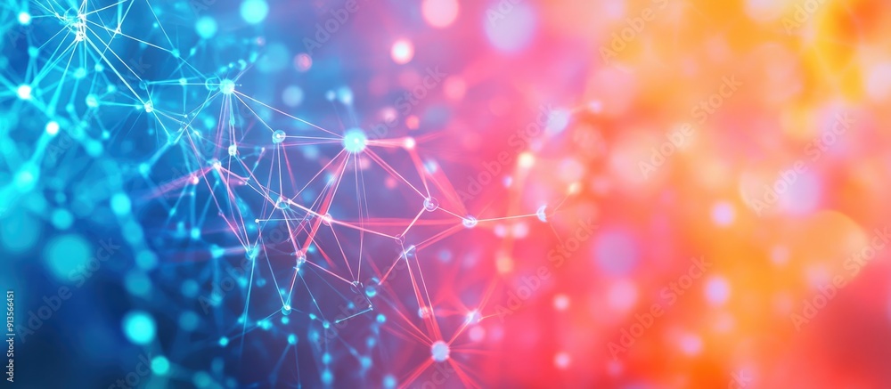 Poster illustration of interconnected networks against a vibrant background representing global digital com