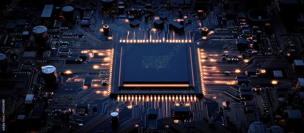 Poster microchip design featuring a central processing unit symbolizing a country s outline with a technolo
