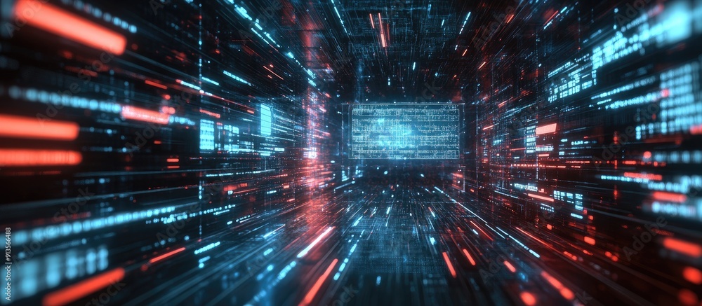 Poster digital technology concept featuring a virtual screen displaying data breach in a 3d illustration