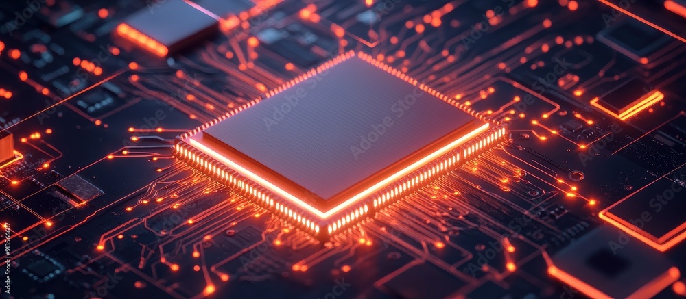 Poster microchip design featuring a central processing unit illustrating a country s outline on a dark back