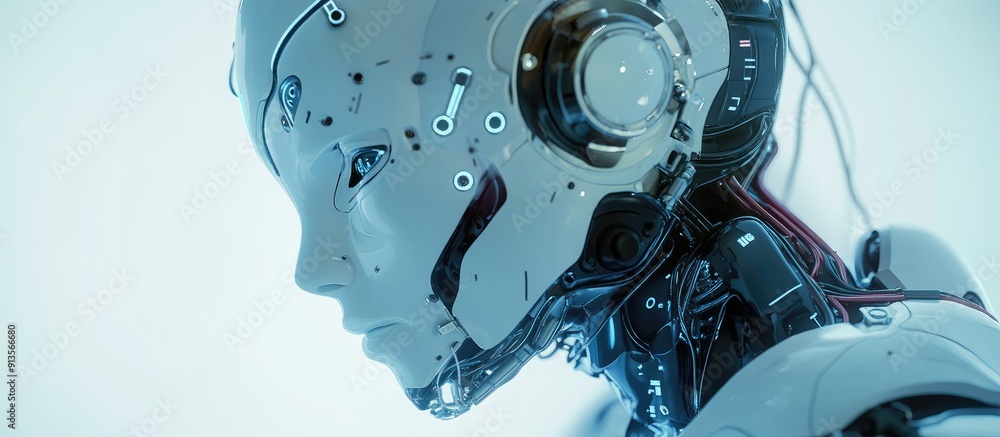 Poster futuristic 3d rendering of a robotic droid depicting advanced technology development artificial inte