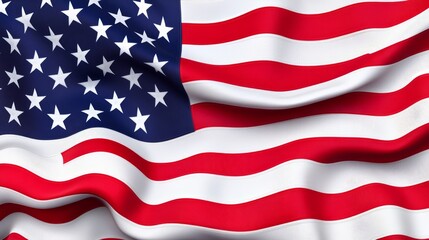 Naklejka premium Vibrant American flag in motion, bright red and white stripes, crisp stars on deep blue, perfect wave effect, high detail and realism