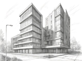 contemporary architectural sketch with pencil and markers of a unique modern building technical drawn background