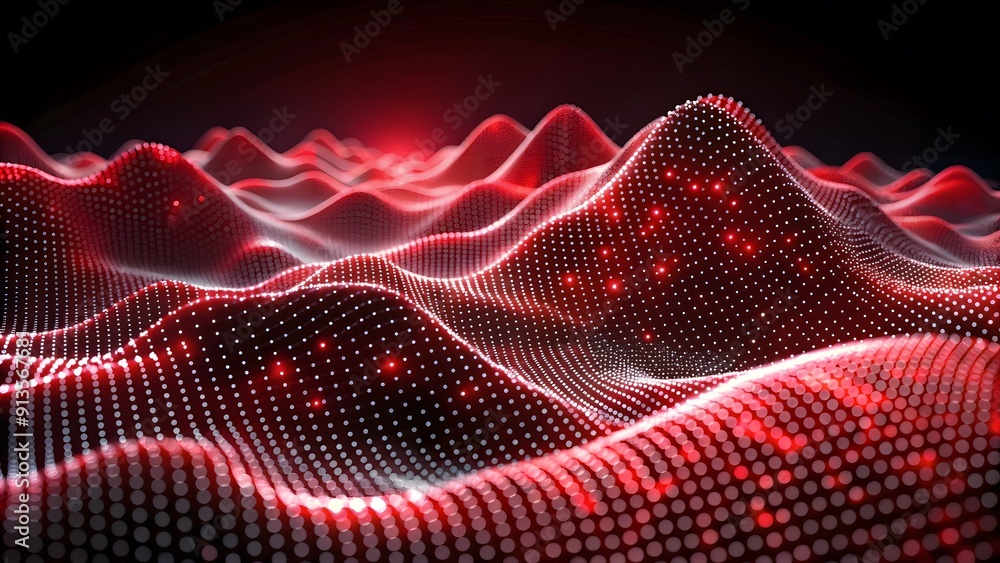 Poster abstract black dark background with red dots and lines, creating a wave pattern on the surface of mo