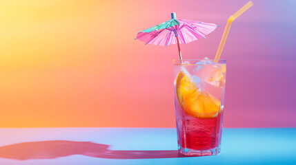 Refreshing Tropical Drink With Umbrella and Orange Slice Against Colorful Sunset Background