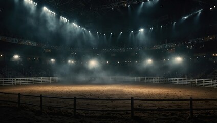 Desolate rodeo arena illuminated by bright lights and lingering smoke. Concept Rodeo Arena, Bright Lights, Smoke, Desolate Setting
