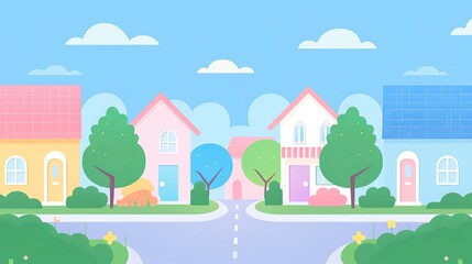 Quiet suburban street, gentle grain, simple modern clean background, flat design illustration
