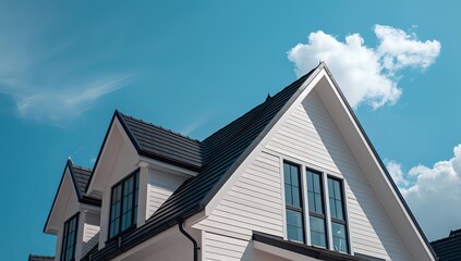 Modern White House with Black Roof and Windows Reaches for the Blue Sky