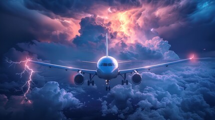 A commercial passenger plane flies through thick clouds as lightning strikes in the background.