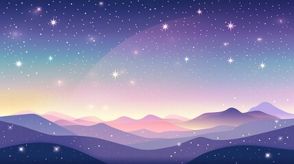 Fototapeta premium Starry sky over mountains, light grain effect, simple modern clean background, flat design illustration