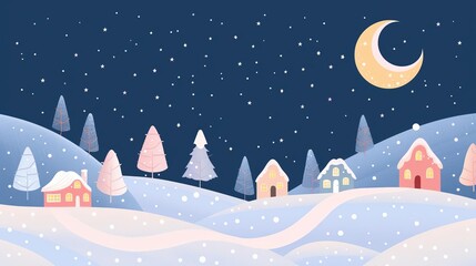 Fototapeta premium Starry village night, gentle grain, simple modern clean background, flat design illustration