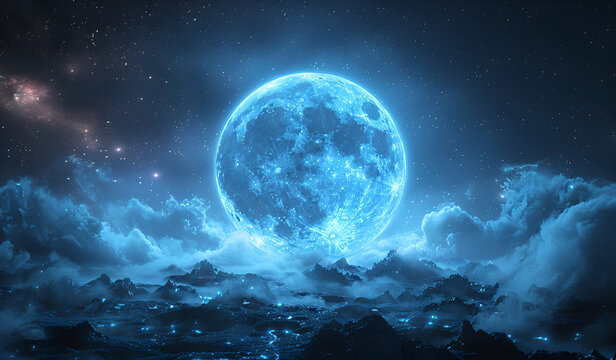 Amazing scenery of blue glowing moon in dark blue sky with clouds at night
