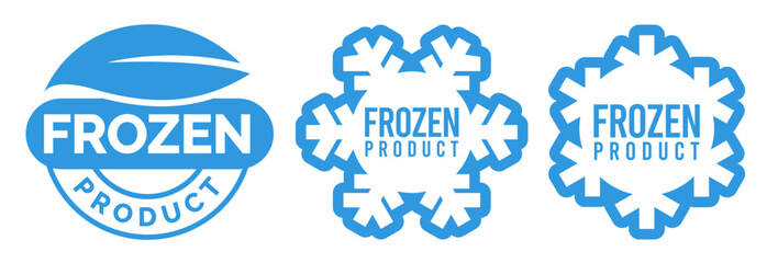 Fototapeta premium Frozen product food package label. Fresh frozen food product icon logo, badge, sticker, emblem, stamp, symbol, black, line circle, flat vector, isolated illustration. Snowflake icon.