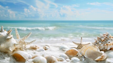 Seashells on a Sandy Beach with a Blue Sky and Ocean