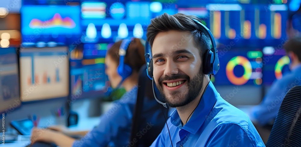Poster customer support agent smiling with headset in busy call center with digital screen background